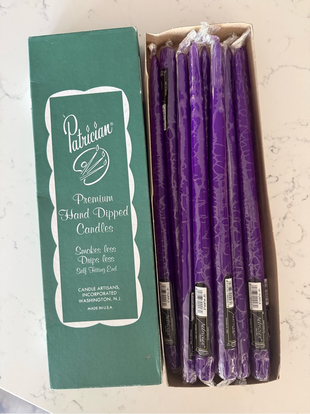 Set of 12 - 15” Purple Taper Candles Smoke Less & Drip Less Patrician USA Made
